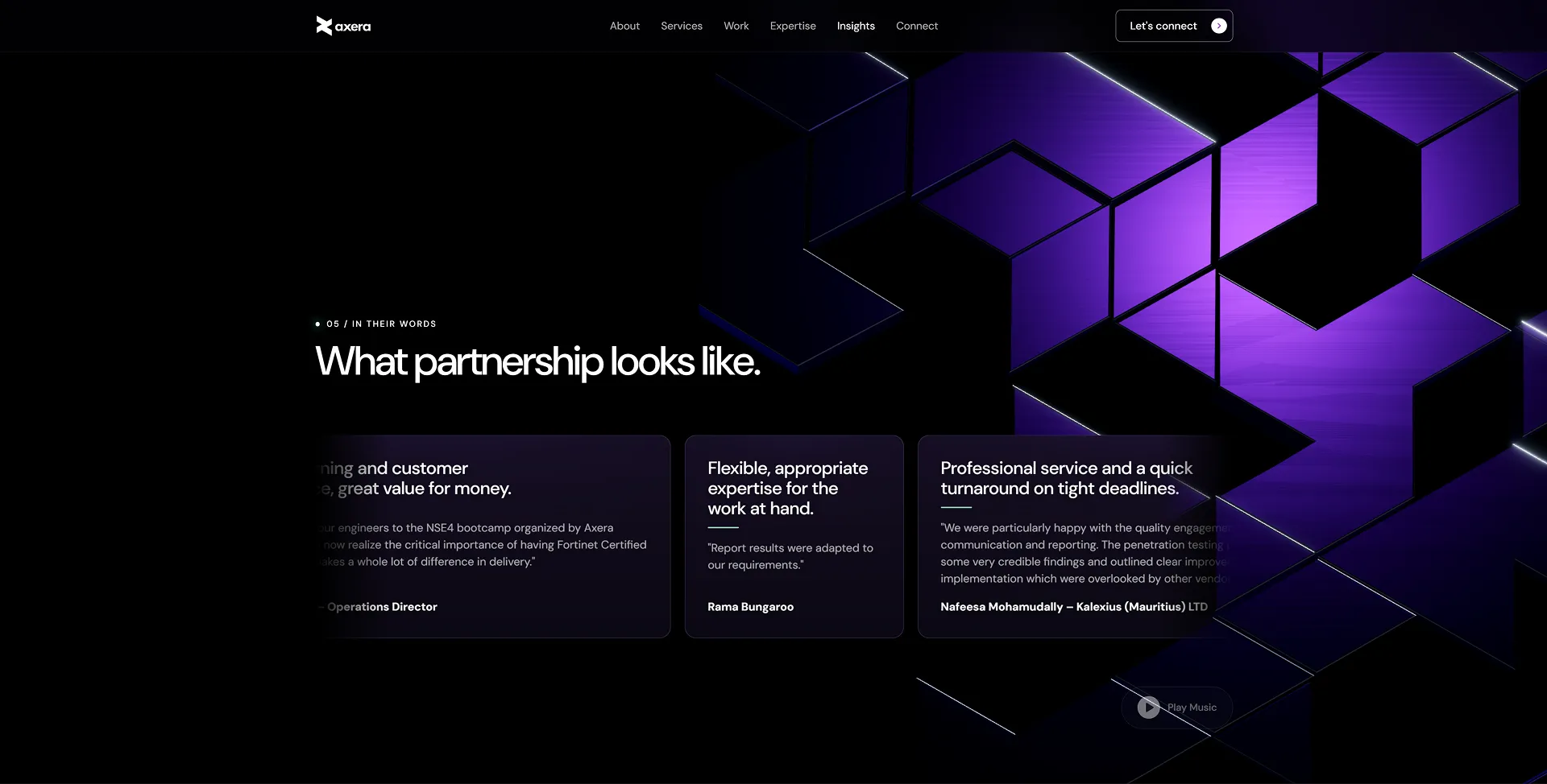 AXERA partnership section combining client testimonials with a purple modular pattern