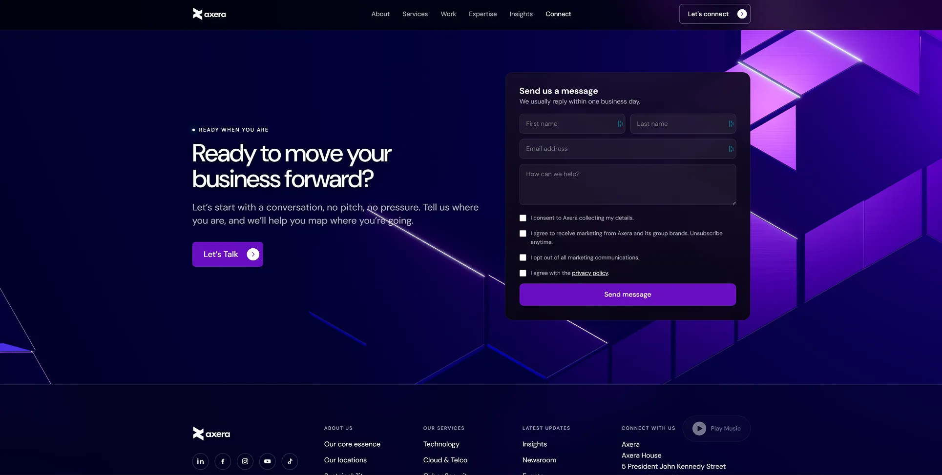 AXERA contact section with a purple enquiry form and geometric footer artwork