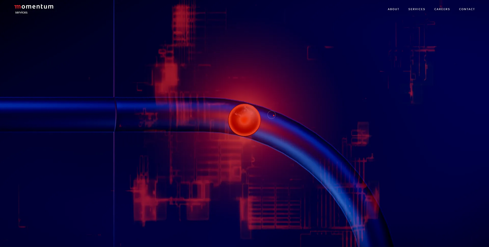 Momentum dimensional transition artwork with a glowing red sphere moving along a blue arc