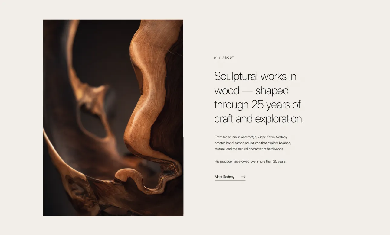 Rodney Band about section pairing a sculptural detail with studio copy