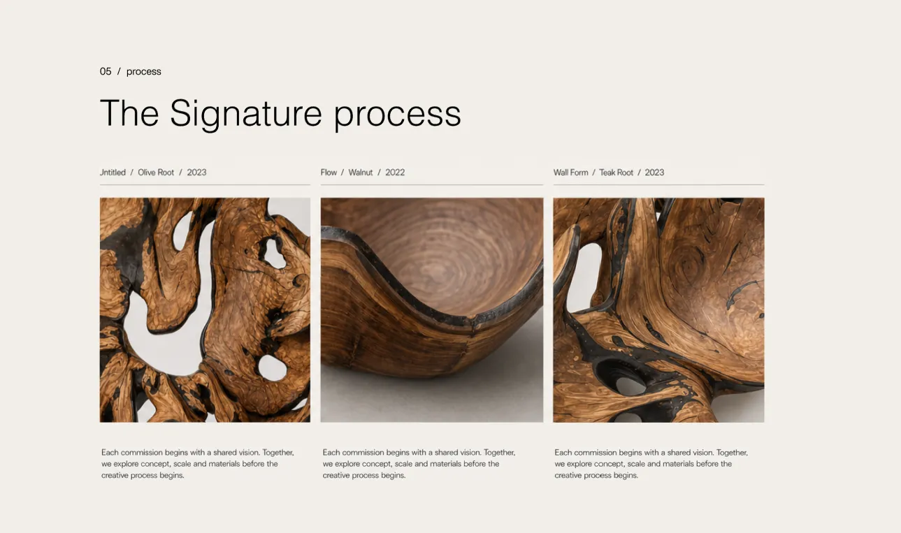 Rodney Band signature process section with three material studies