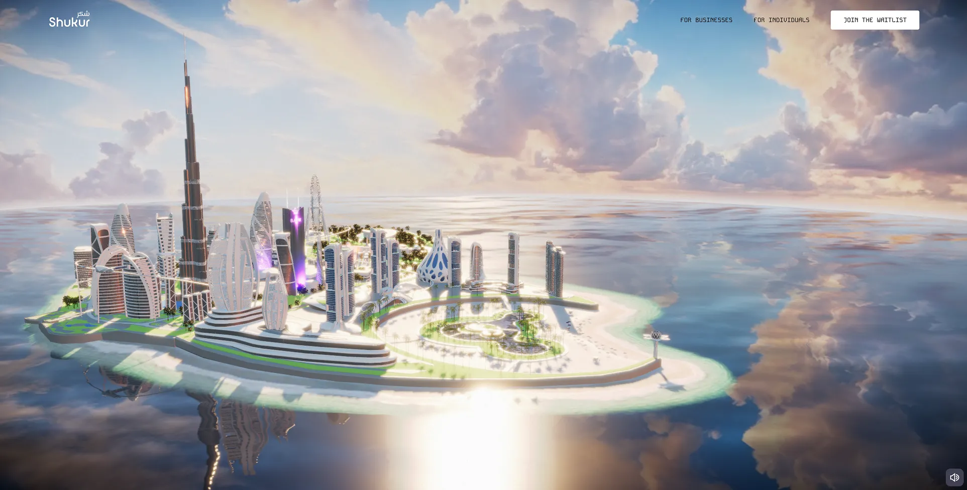 Aerial view of Shukur's luminous island city floating between sea and clouds