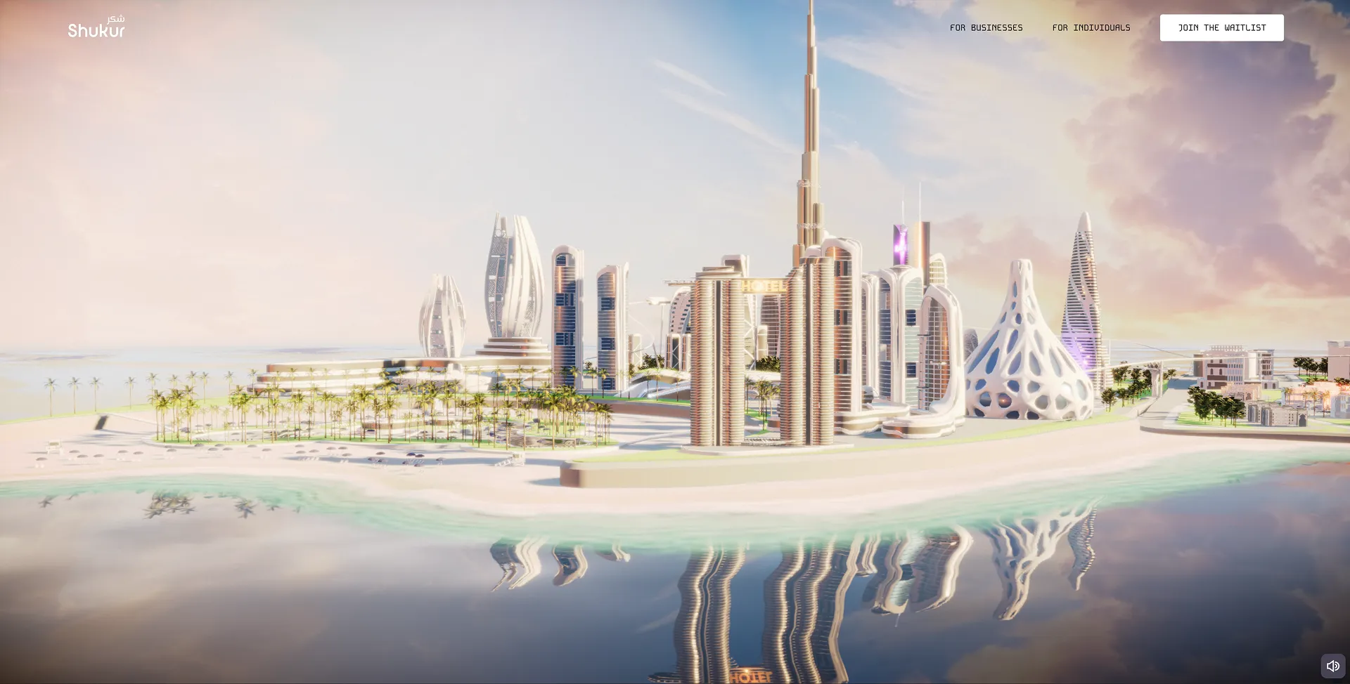 Shukur island skyline reflected in calm water beneath a pastel cloudscape