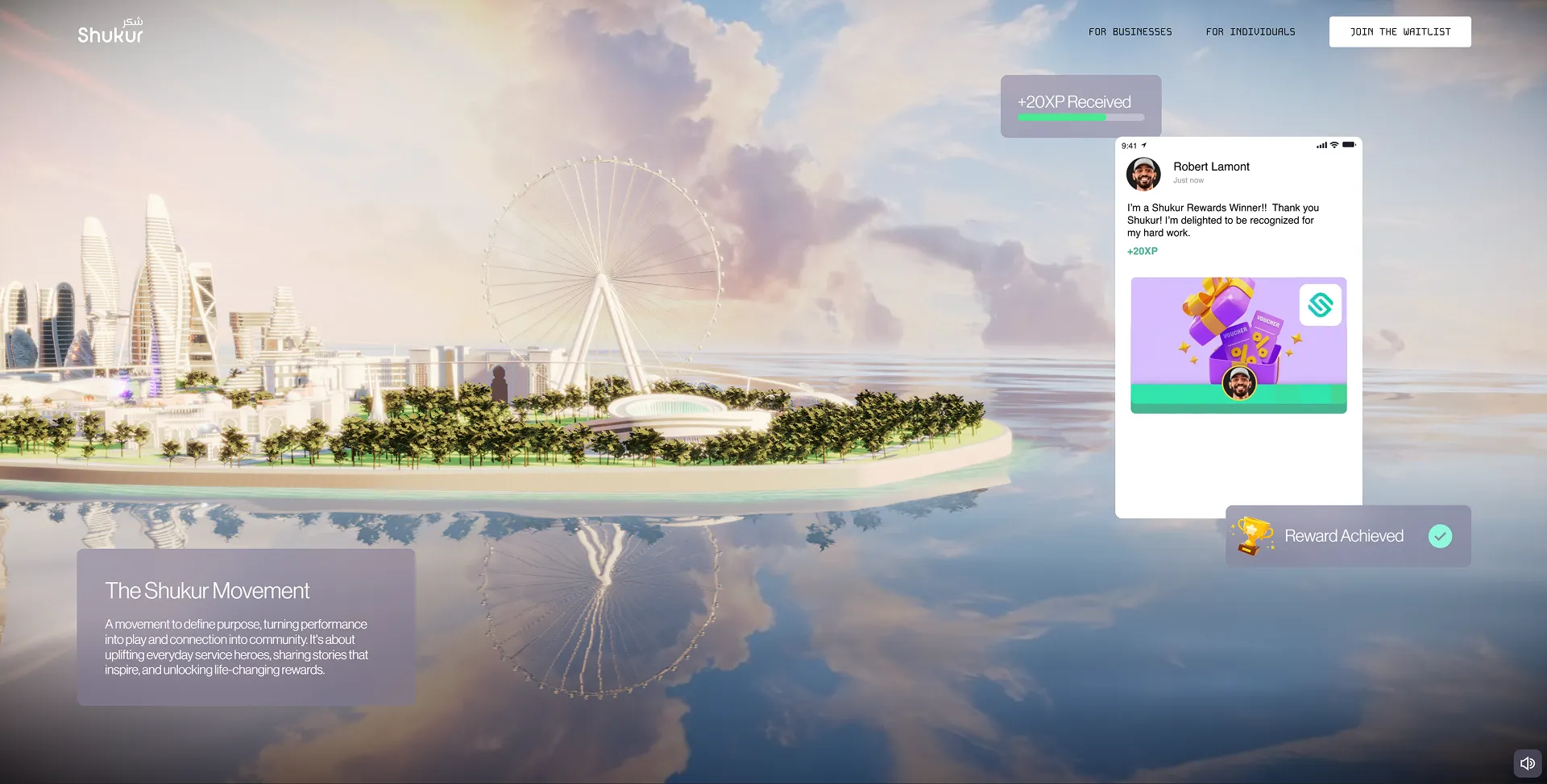 Shukur recognition moment showing a social reward card above the waterfront city