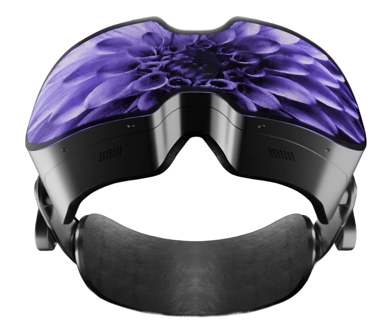 Black virtual reality headset with a violet translucent shell